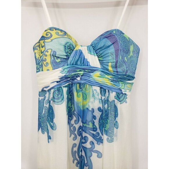 Cache Strapless Maxi Dress Womens 4 White Blue Paisley Silk Blend Built in Bra - Picture 2 of 5